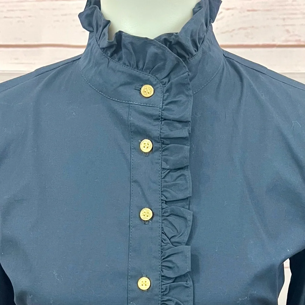 NWOT Tory Burch Navy Cotton Ruffle Mandarin Collar Button Front Shirt Dress